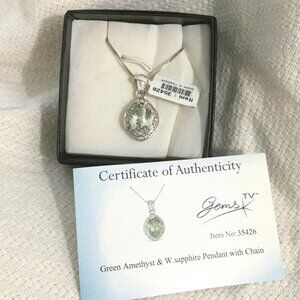 Green Amethyst White Sapphire Necklace Silver NEW
